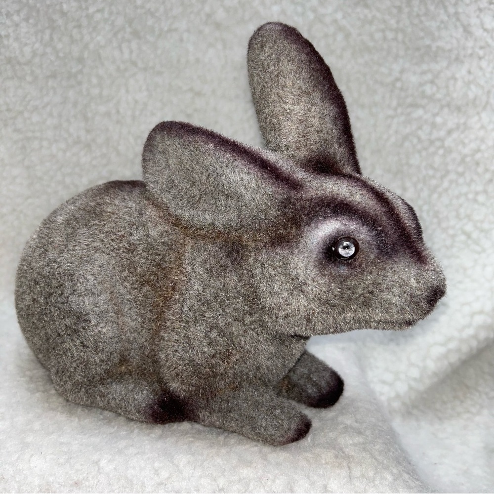 Flocked bunny rabbit piggy bank 9" grey purple clear eyes vintage a few issues